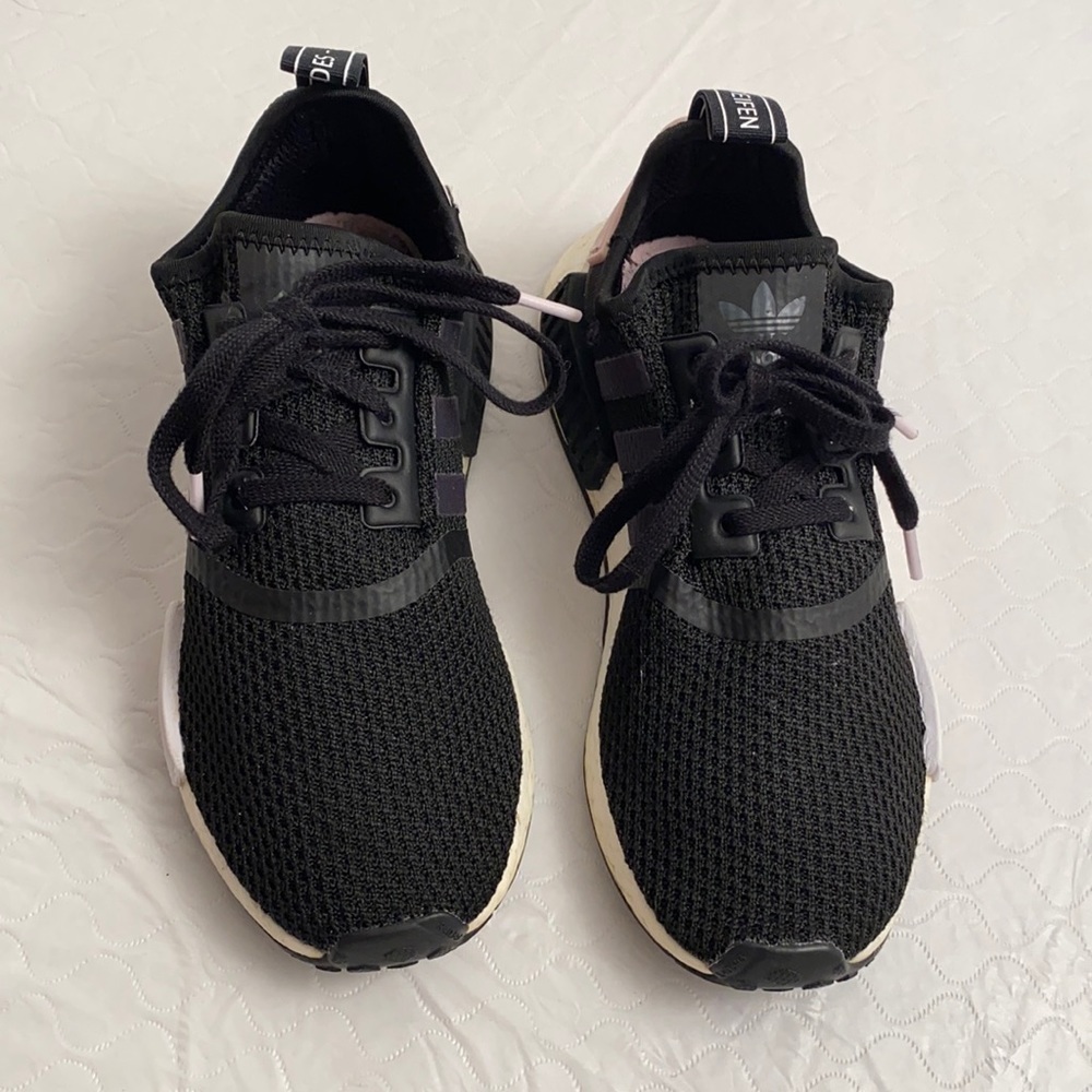 Adidas NMD R1 black with pink trim sneakers